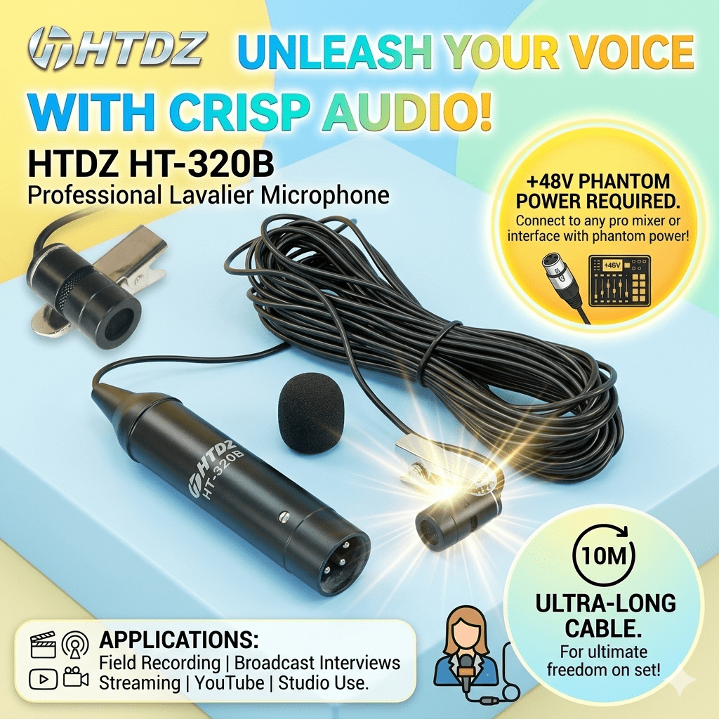 HT-320B Professional XLR Lavalier Lapel Microphone with 10M Shielded Cable Omnidirectional Condenser Mic for Mixer & Audio Interface