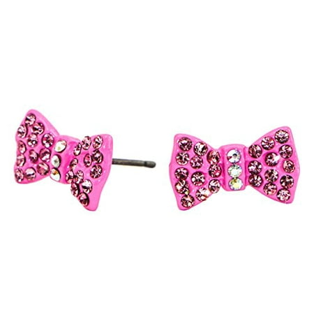 Shape Stone Earrings Surgical Stainless Steel Studs Earrings Girls- Women Bow-tie Shape Cubic Zirconia Hypoallergenic Earrings (Pink Rhodium Plated With White Stone) ()