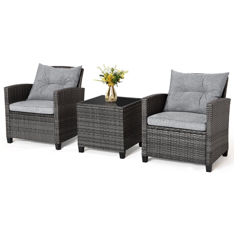 Gymax 3-Piece Patio Rattan Conversation Set, Gray Cushions photo 2