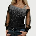 thumbnail image 2 of Sparkle Tops for Women Sequin Sheer Mesh Puff Long Sleeve Cold Shoulder T Shirts Dressy Casual Asymmetrical Neck Loose Blouses, 2 of 5