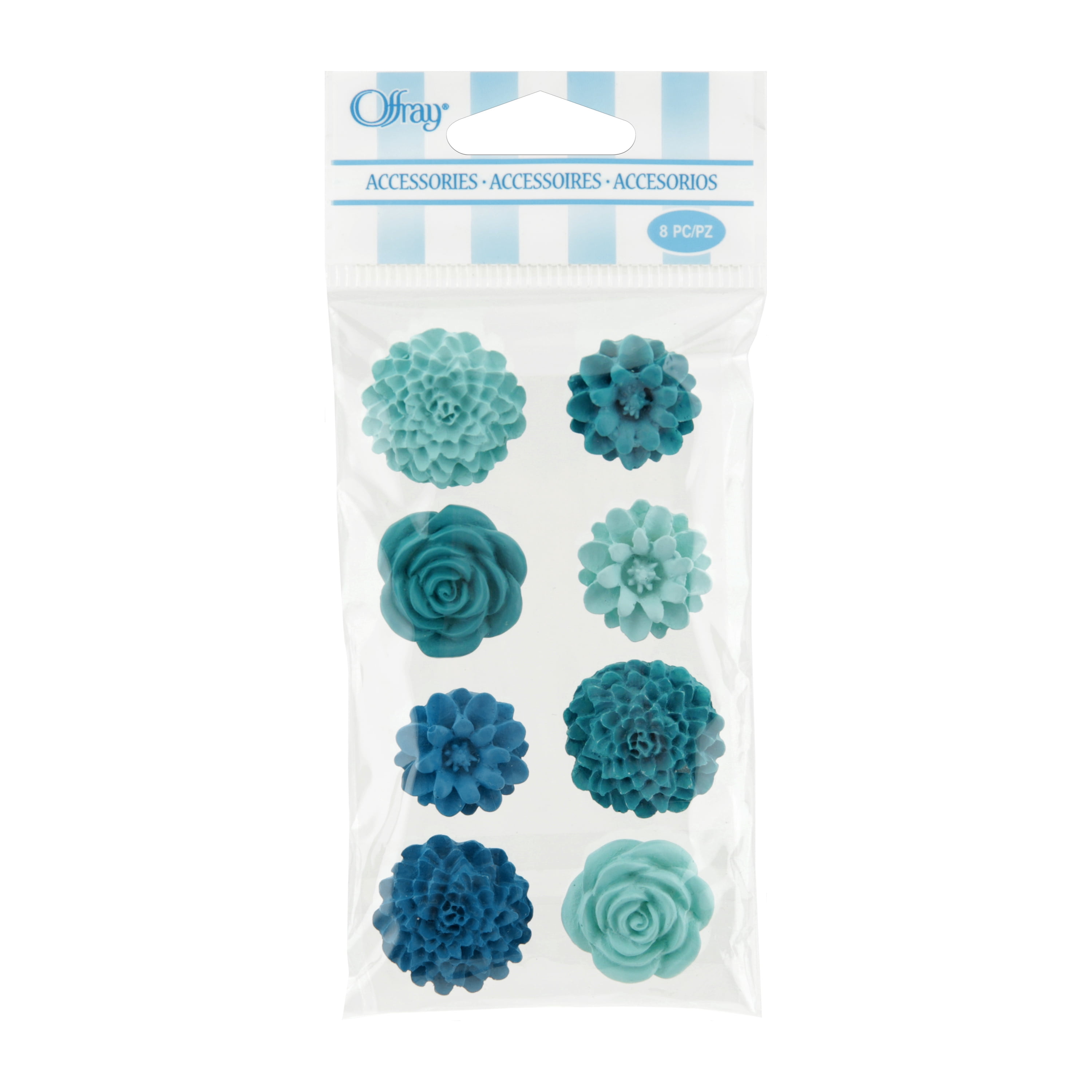 (3 pack) Offray turquoise tin yard resin flower accents are great for wedding, hair clips, scrapbooking, and other craft projects, 8 count, 1 package