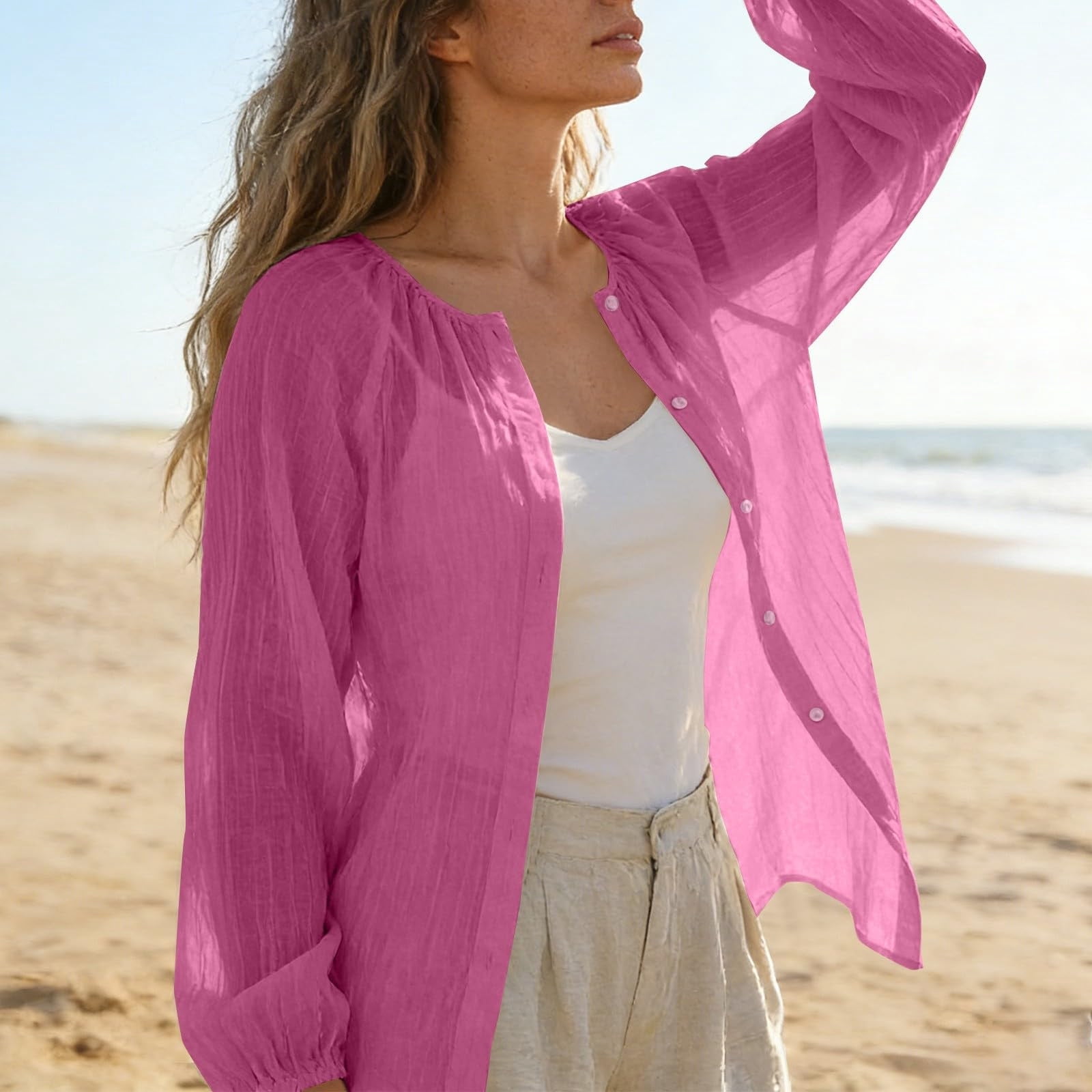 トップス crinkle sheer gather volume blouse IUYRTFE Women's Solid Vertical Crinkle Linen Look Gathered Neck