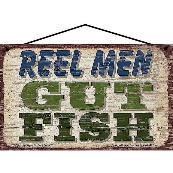 5x8 Vintage Style Sign with Fishing Theme - "Reel Men Gut Fish" - Décor for Man Caves, Lake Cabins, Gift for Fishing Enthusiasts and Real Men Pun