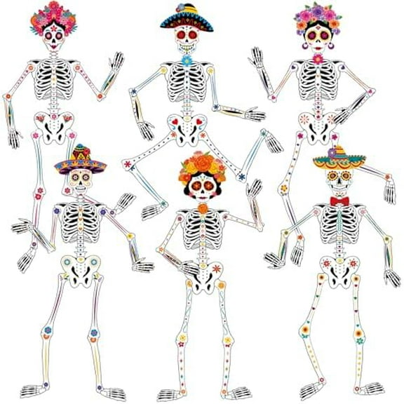 6 Pcs 51 Inches Large Halloween Jointed Skeletons Paper Cutout Day of The Dead Jointed Skeletons Hanging Decorations Dia De Los Muertos Party Supplies for Outdoor Mexico Sugar Skull Decor$$