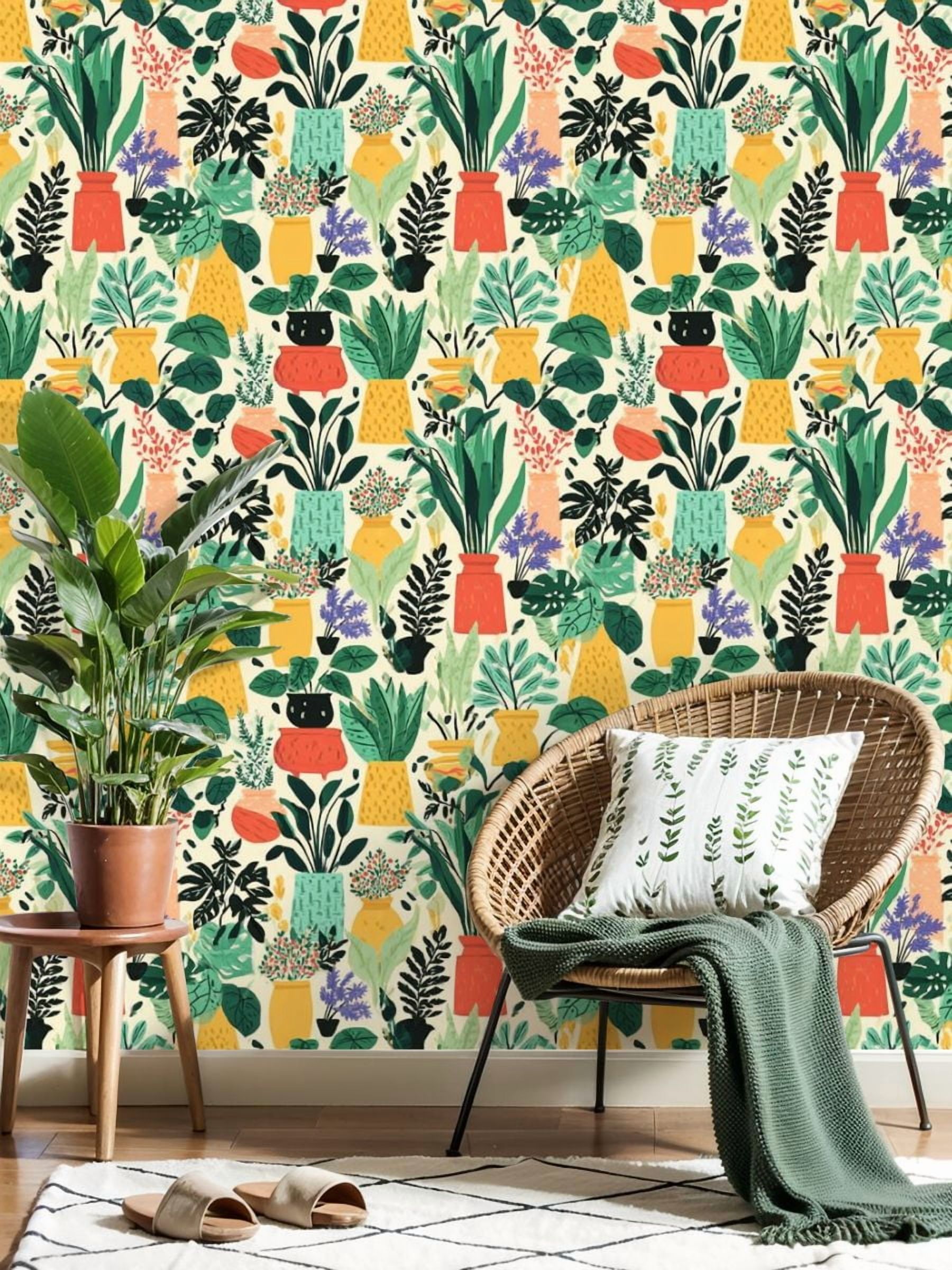 Peel and Stick Wallpaper 23.6in x 9.8ft Colorful Potted House Plants Tropical Leaves Contact Paper Vinyl Self-Adhesive Removable Wall Paper for Bedroom DIY Home Decor Renter Friendly