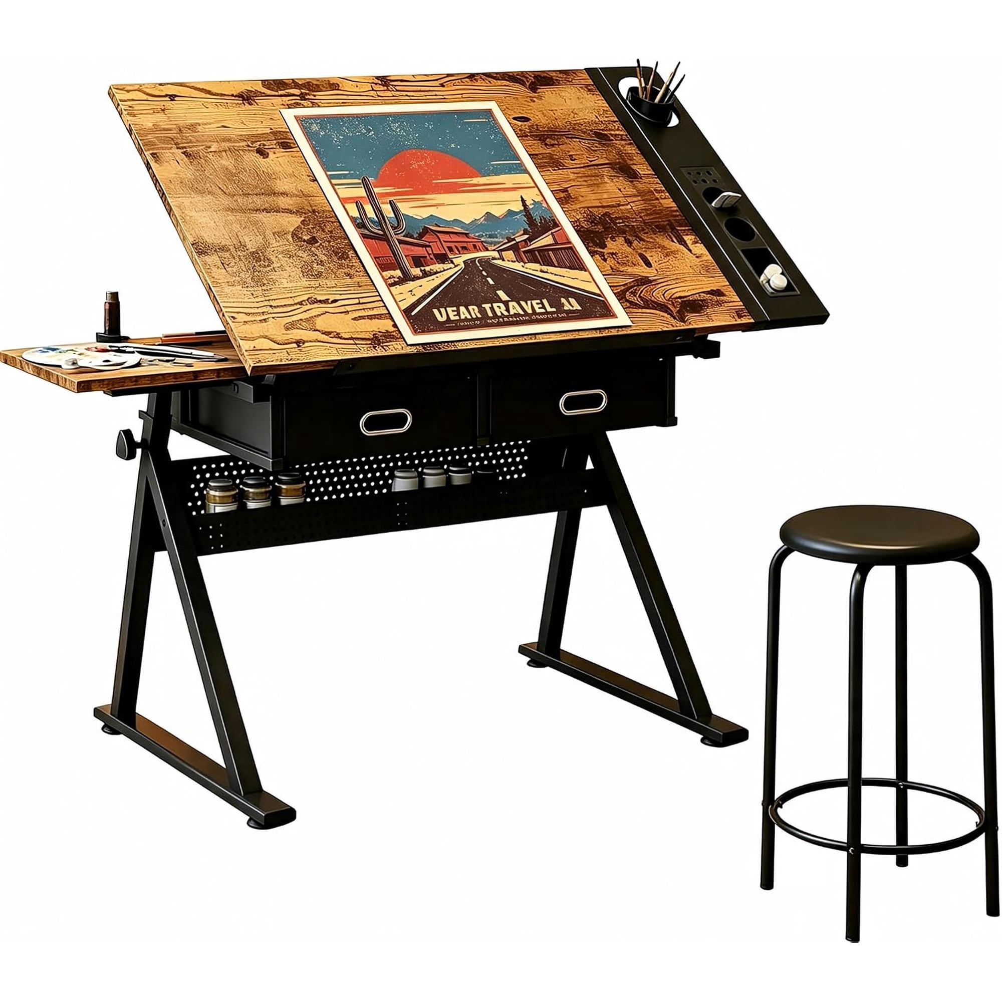 Adjustable Art Drawing Table with Stool 0-75° Tilting Craft Desk with 2 Storage Drawers Bottom Shelf and Metal Frame for Writing Sketching and Hobbies Brown