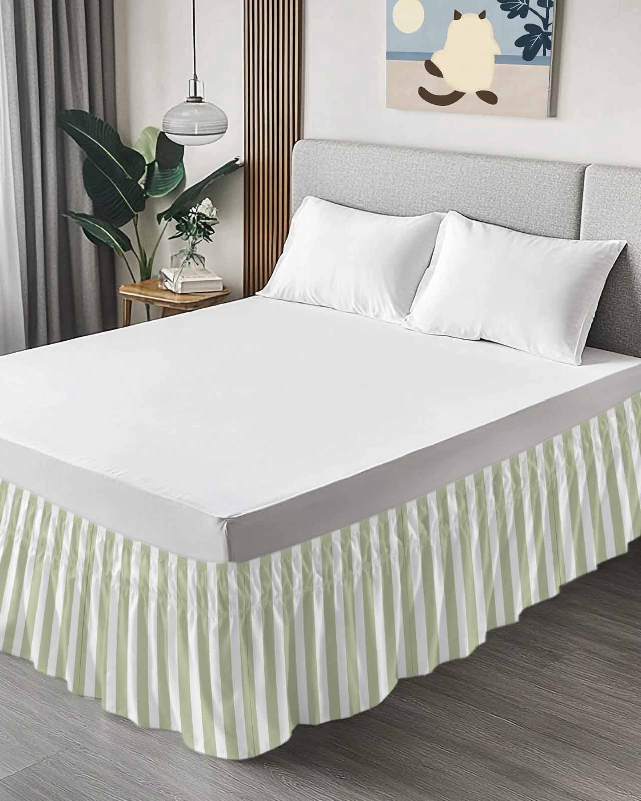 Sage Green Striped Bed Skirt Queen Size, Modern Farmhouse Sage Green White Stripes Wrap Around Bed Skirting with Adjustable Elastic Strap, Dust Ruffle Pleated Bedskirts 16 Inch Drop for Bedroom Beds