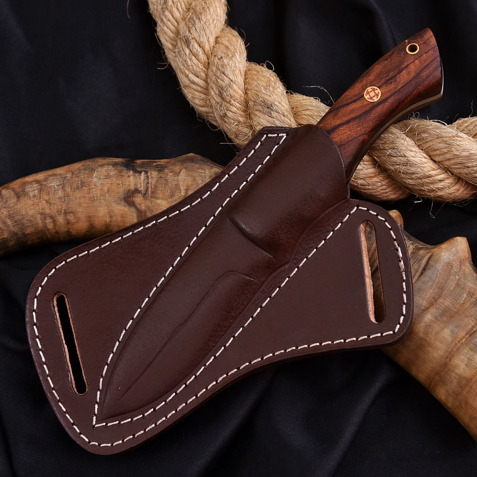 Damascus Hunting Knife Bushcraft Survival Blade, Leather Sheath Outdoor Camping Equipment