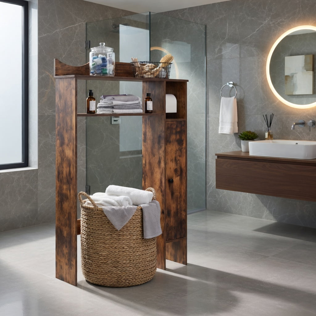 Hommoo Over the Toilet Storage Cabinet with Built-in Toilet Paper Holder, White Engineered Wood Bathroom Organizer for Small Spaces, Rustic Brown