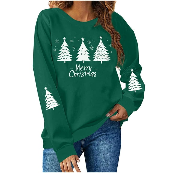 Womens Christmas Shirts Merry Christmas Tree Shirt Funny Graphic Crewneck Sweatshirt Long Sleeve Pullover Tops Holiday Tops for Women Dressy