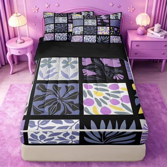 jejeloiu Abstract Floral Zipper Twin Comforter Sets with Fitted Sheet and 2 Pillowcases For Girls,Patchwork Print Zipper Bedding Set,Purple Black White,Black Reversible,4 Pieces