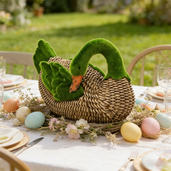TechToyHub 13.8 Inch Flocked Swan Statue for Garden - Green Resin Outdoor Decor with Wicker Look,Elegant Lawn & Patio Ornament for Yard,Courtyard and Outdoor Garden Decoration