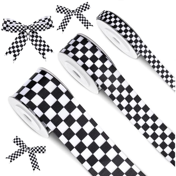 Black and White Checkered Ribbon Printed Racing Car Theme for DIY Crafts Wreath 3 Rolls