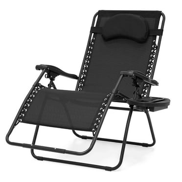 Oversized Folding Outdoor Patio Lounge Recliner, Zero Gravity Extra-Wide Chair w/Cup Holder Accessory Tray and Removable Pillow - Black