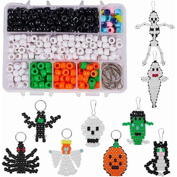 1 Box DIY Make 9PCS Theme Bead Pets Kit 8mm Pony Beads Assortment Box Set with Keychain Keyring & Lanyard Clips Instruction