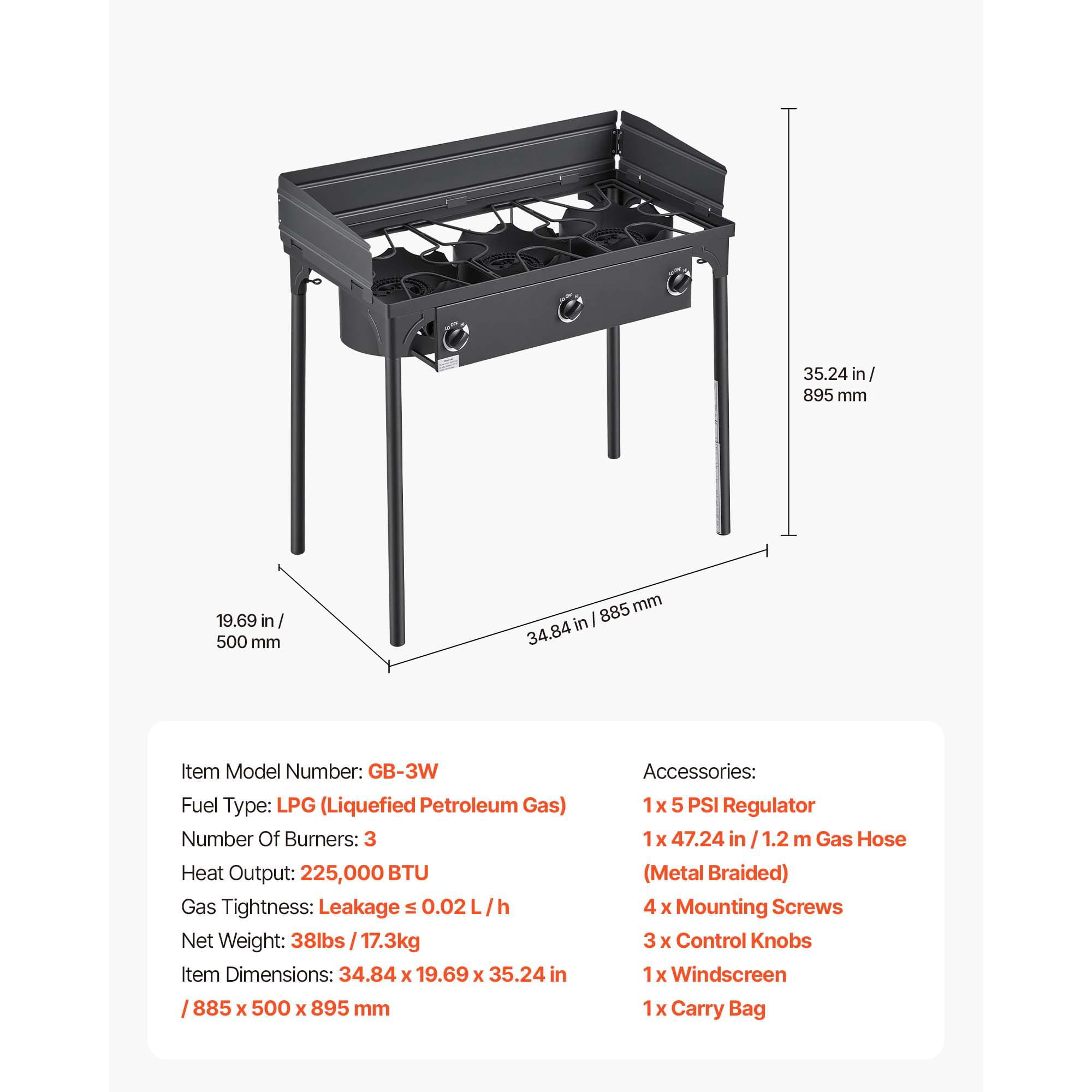 KFFKFF 3-Burner Outdoor Propane Gas Stove, 225,000 BTU LPG Camping Cooker, Durable Carbon Steel Design with Shield, Tall Stand, and Regulator, Ideal for BBQs, Camping, Patios, and Backyards