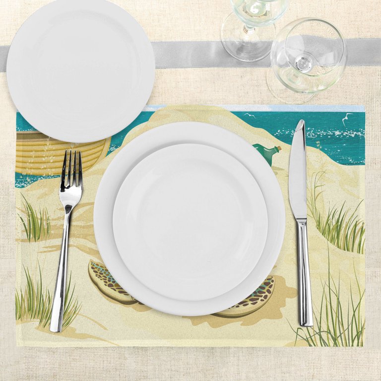 Turtle Placemats Set of 4 Illustration of Two Sea Turtles on Sandy Summer  Beach Boat Grass Bottle, Washable Fabric Place Mats for Dining Room Kitchen  Table Decor,Pale Yellow Green Teal, by Ambesonne 