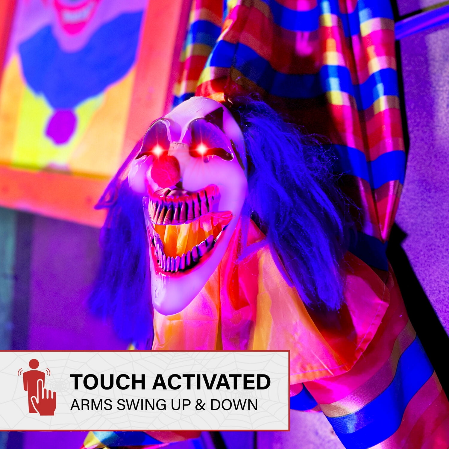 Haunted Hill Farm 47 in Animatronic Hanging Upside Down Clown with Lights and Sound, Halloween Decoration, HHCLOWN-39HLSA