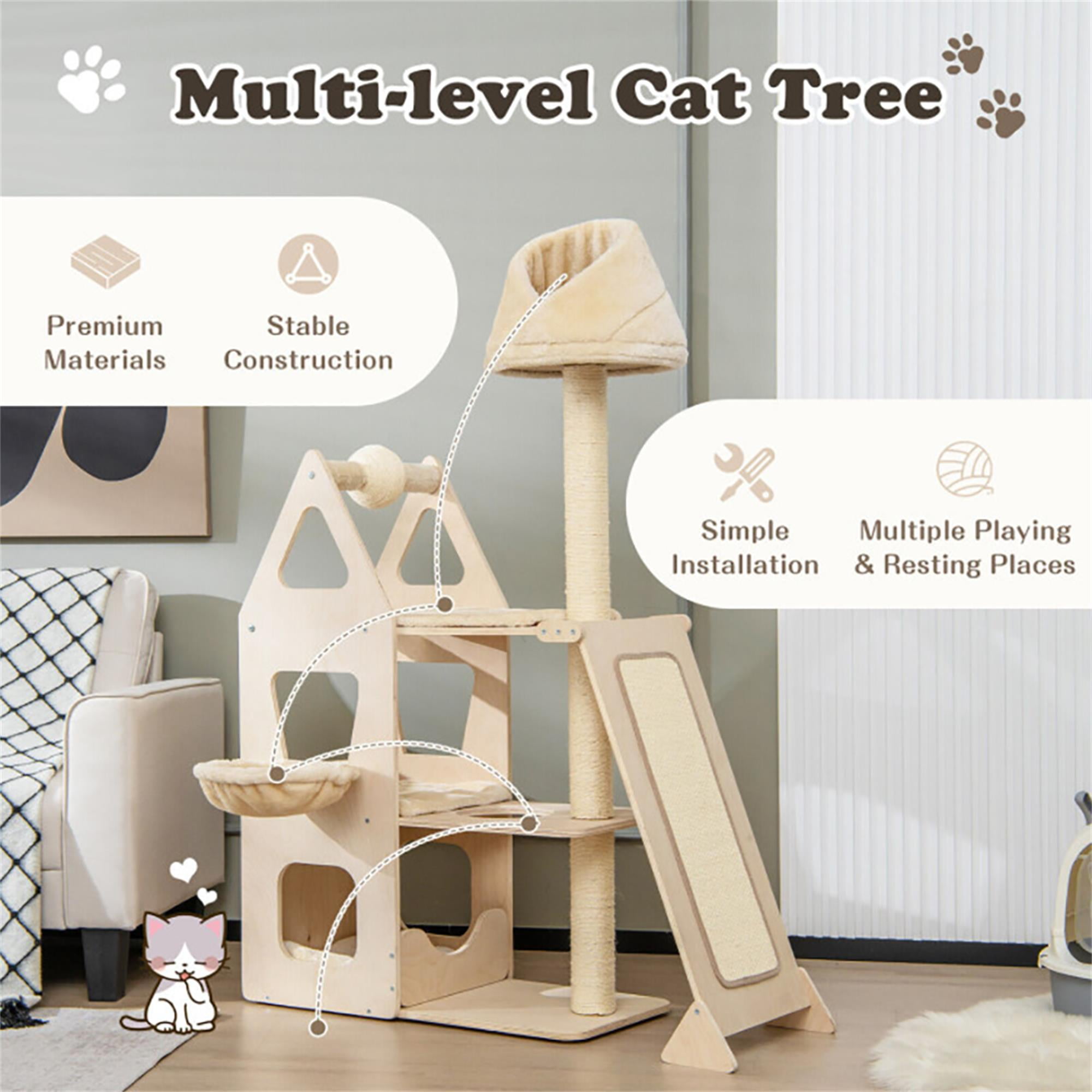 Kadyn 64" Wood Cat Tree Tower for Indoor Cats with Scratching Posts Washable Detachable Cushion, Modern Cat Condo Furniture for Large Cat, Beige