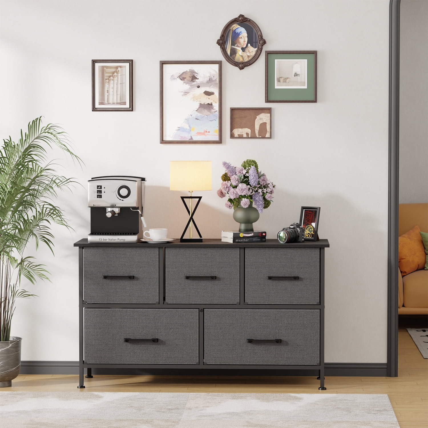 FDW 5-Drawer Fabric Dresser for Bedroom, Gray