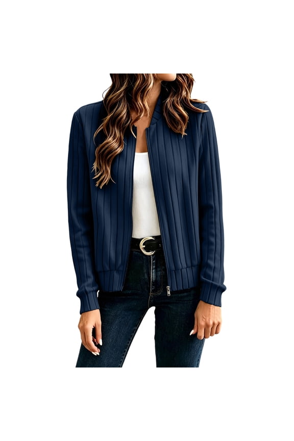 Zip Up Jackets for Women Ribbed Knit Bomber Jacket Long Sleeve Lightweight Cardigan Sweaters Spring Fall GoingOut Casual Outerwear S-2XL