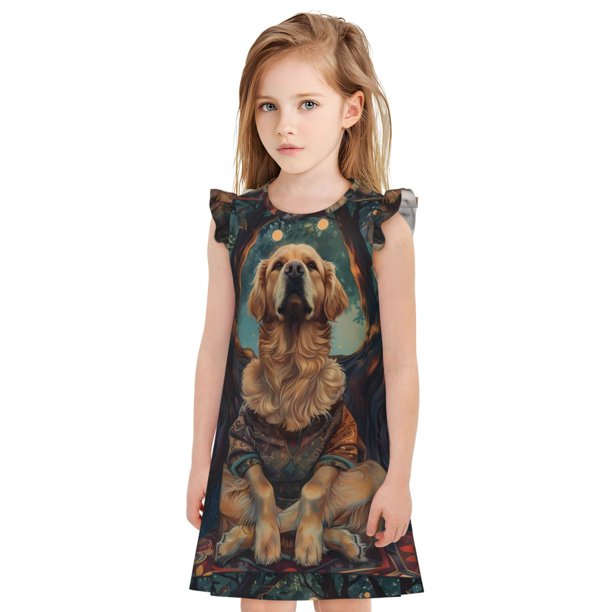 Balery Tree Meditating Golden Retriever Camisón de princesa para niñas, pijama de algodón con mangas abullonadas, suave y bonito.-X-Large
