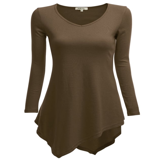 CHOK Tunique Longue à Manches Longues Col en V pour Femmes Robe T-Shirt