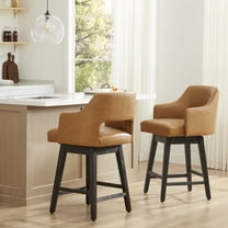 CHITA 26 in Swivel Counter Bar Stools Set of 2 with Open Contoured Back&Wood Legs, Faux Leather in Cognac Brown