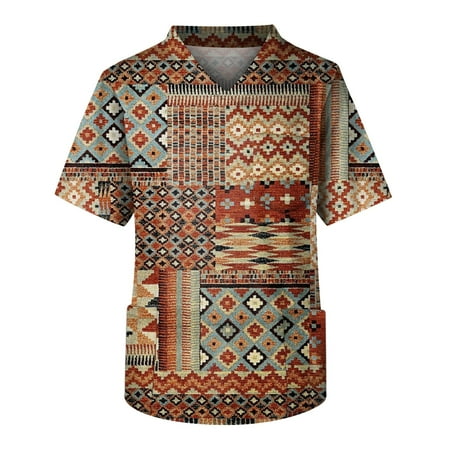 

Umitay Nurse Scrubs Men s Short Sleeve V Neck VintagePrint Chest Pocket Carer Top