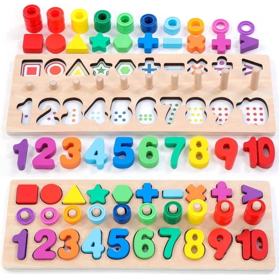 RNKR Wooden Montessori Toys for Kids Toddler Number Puzzles Sorter Counting Shape Stacker Stacking Game Preschool Toys for Boy Girl Learning Education Math Blocks Year Old Girl Gifts (Rainbow)