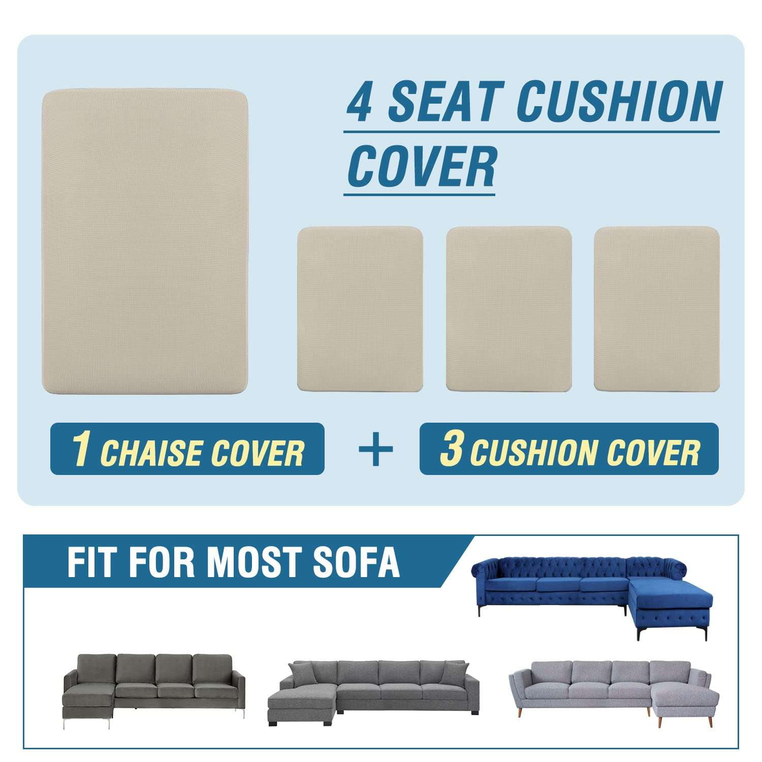 Turquoize 4-Piece Separate Slipcovers Textured Grid Polyester Blend Sectional Couch Sofa Covers for Left/Right L Shape Chaise Lounge Sofa,Island Fossi 3 Seater + 1 Chaise
