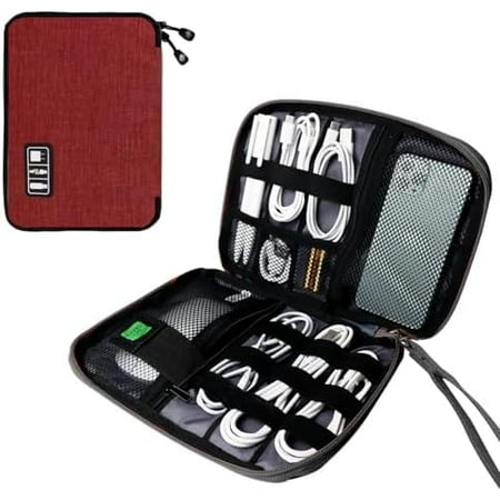 Electronics Travel Organizer Portable Waterproof Electronic Travel Storage Bag for Small Charging Cord Storage Charger SD Card etc for Travel Business-Wine Red Black