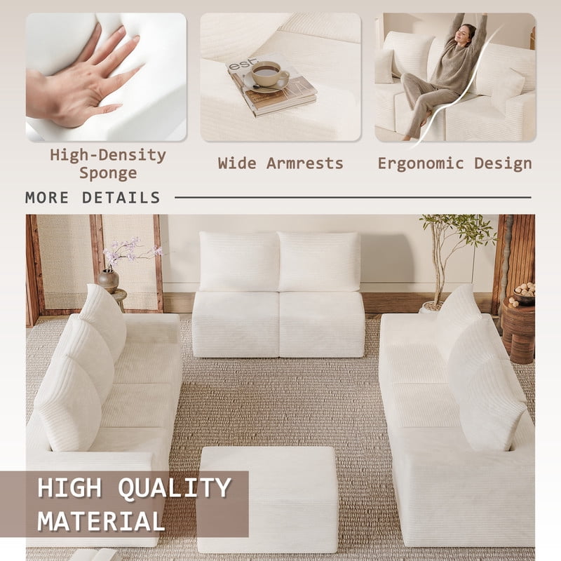 Lacoo Modular Sectional Sofa Set, Cloud-Like Corduroy Seating Couch with Ottoman & Pillows, Oversized L-Shaped Modular Sofa for Living Room, Home Theater, Beige