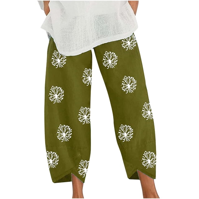 VEKDONE Womens Cotton Linen Pants Print Long Pants Green XL