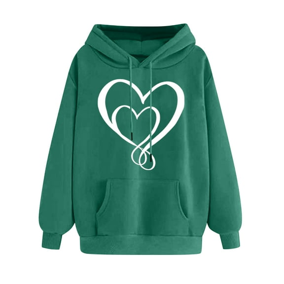 XPMWRP Women's Heart Graphic Printed Hoodie Sweatshirt Long Sleeve Trendy Loose Comfy Fleece Pullover Tops Fall Winter Drawstring Sweatshirts Green M