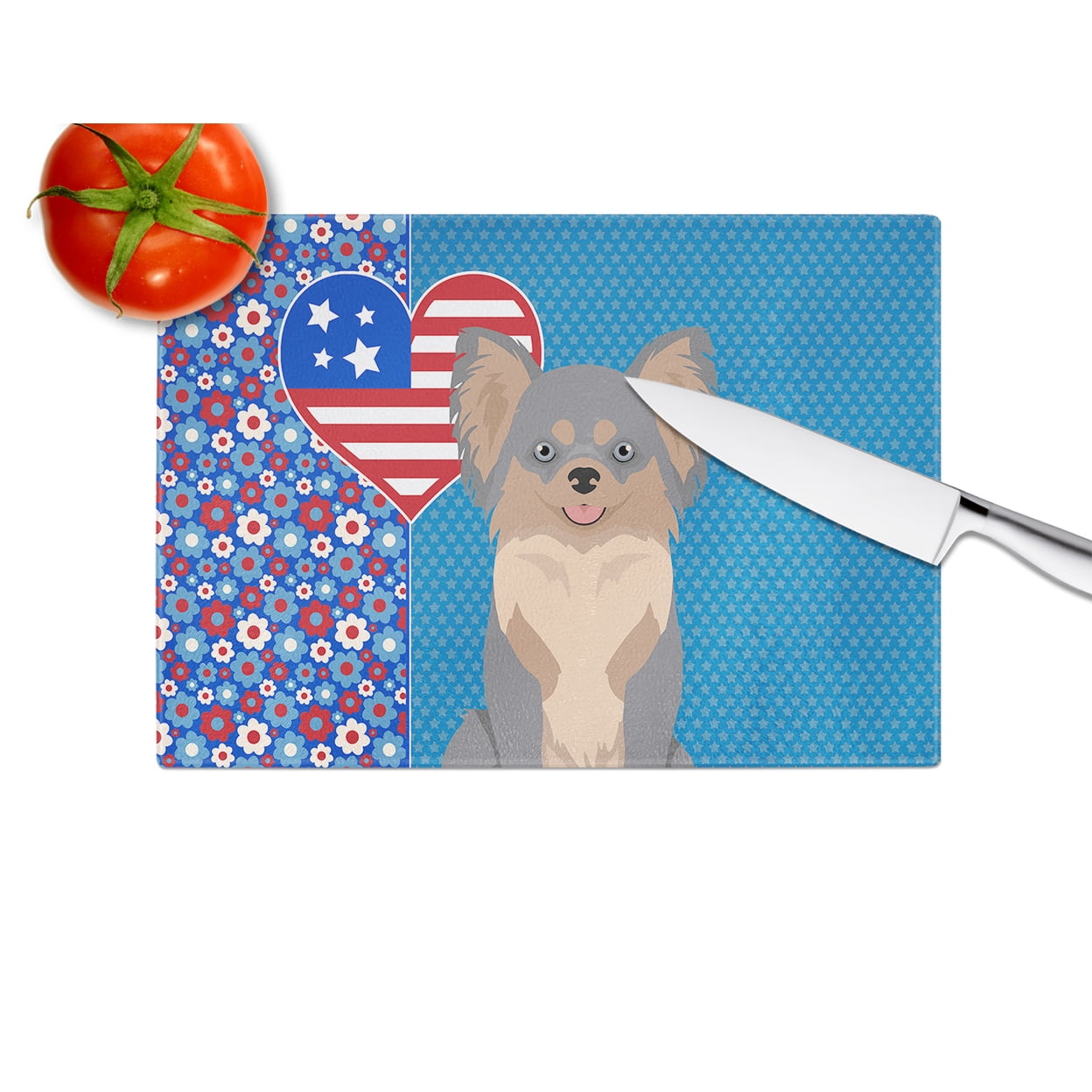 Longhaired Blue and Tan Chihuahua Glass Cutting Board Large 12 in x 15 in