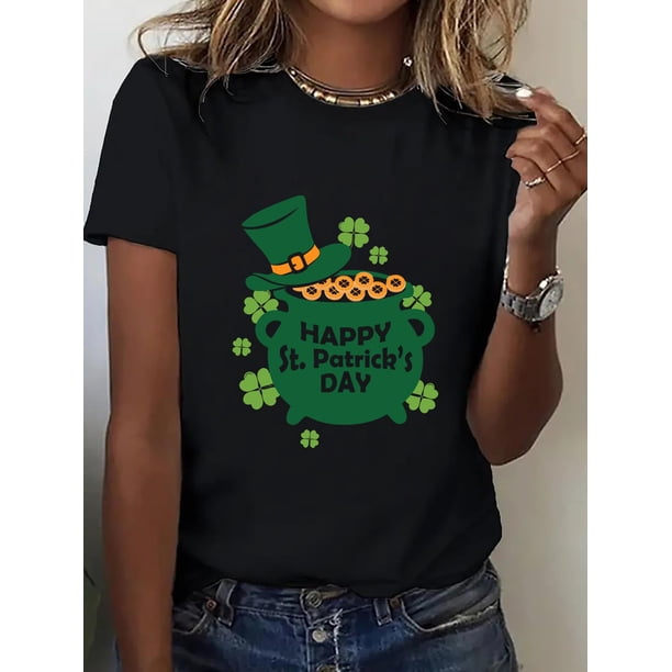 Elegante camiseta deportiva de dibujos animados para mujer con estampado de trébol irlandés de la suerte, cómoda camiseta de manga corta con cuello redondo, perfecta para celebraciones del Día de San