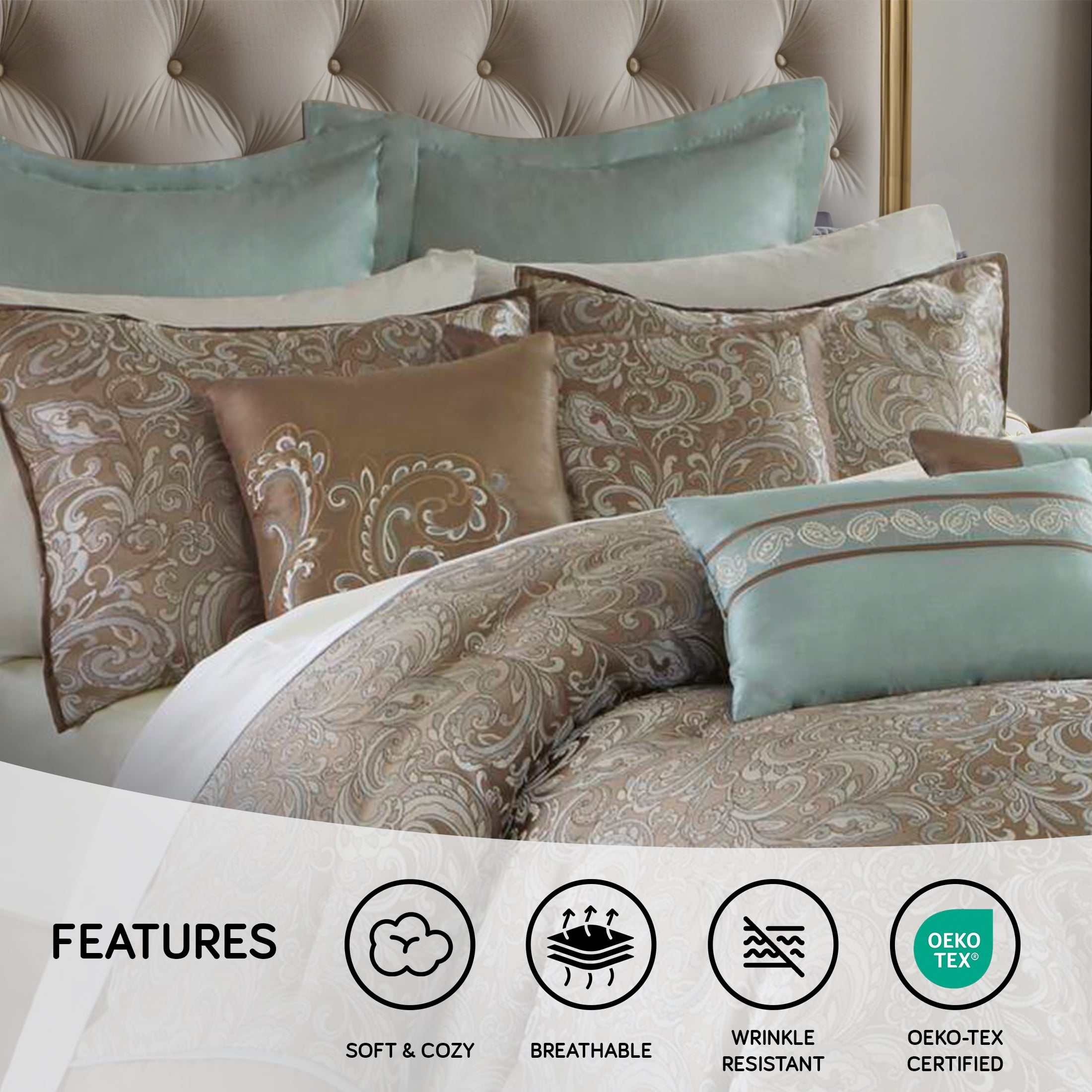 Regency Heights 24PCs Traditional Paisley Jacquard Comforter Set with Window Curtains,Room in a Bag,Queen,24 Pieces-Blue