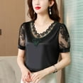 thumbnail image 2 of Women's V Neck Lace T-Shirt Summer Fashion Satin Feel Short Sleeve Net Yarn Top Stylish Undershirt for Layering, 2 of 4