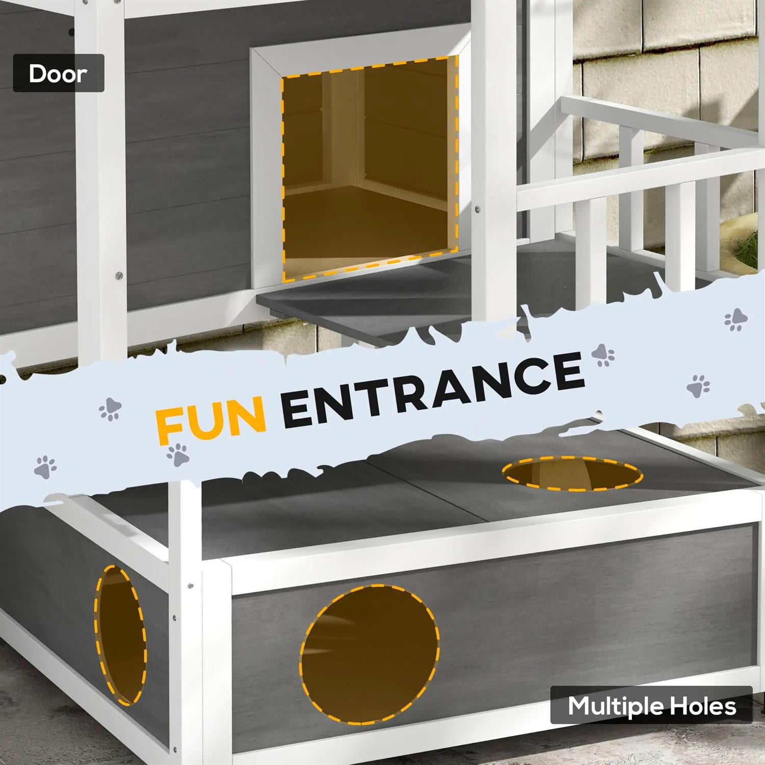 Pefilos Outdoor Weatherproof Cat House with Asphalt Roof, Escape Door, Jumping Platform, Wooden Feral Shelter for Cats and Small Animals, Gray