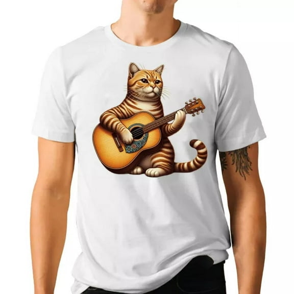 Cat Playing Guitar T-Shirt - Funny Music Graphic Tee Unisex S-5XL Hot Trending Shirt, Vintage Birthday Gift