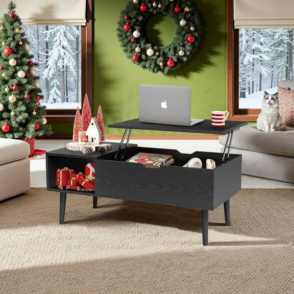 Living Room Table, Lift Top Coffee Table, Dining Center Tables with Storage Shelf and Hidden Compartment, Black
