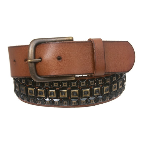 Snap On Three Row Punk Rock Star Metal Distressed Brass Studded Vintage Full Grain Leather Belt