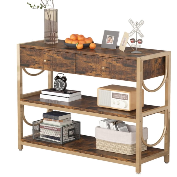 Yeshouse Consola ligera de lujo con cajones, mesa de entrada con 2 estantes para pasillo, mesa de sofá rústica marrón con estructura dorada en forma de U y patas ajustables