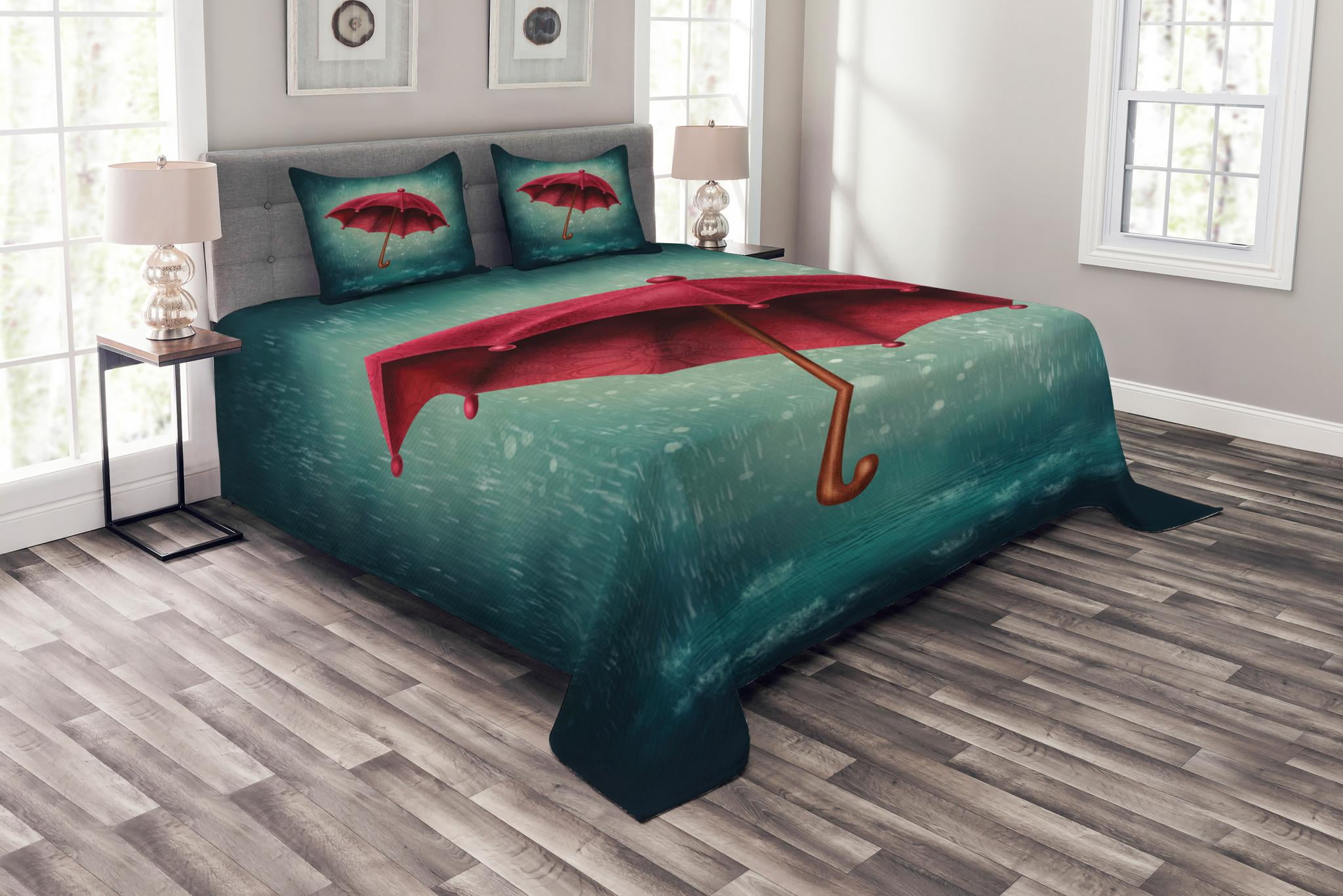 Winter Bedspread Set Queen Size Authentic Retro Wooden Handle Under Fall Rainfall Torrent Of Rain Urban Image Art Print Quilted 3 Piece Decor Coverlet Set With 2 Pillow Shams Teal By Ambesonne
