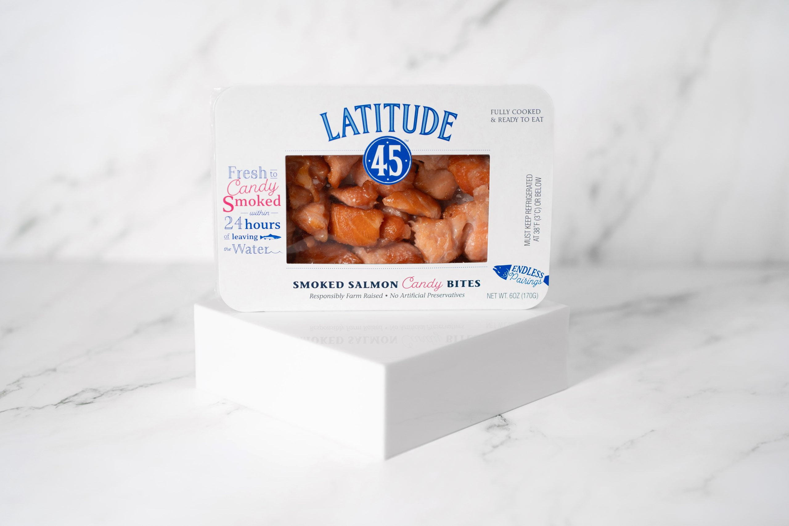 (2 pack) Latitude 45 Smoked Candy Salmon Bites, Ready to Eat Pack, 6oz serving size 2 ounces, 3 servings per container, 12g protein per serving.