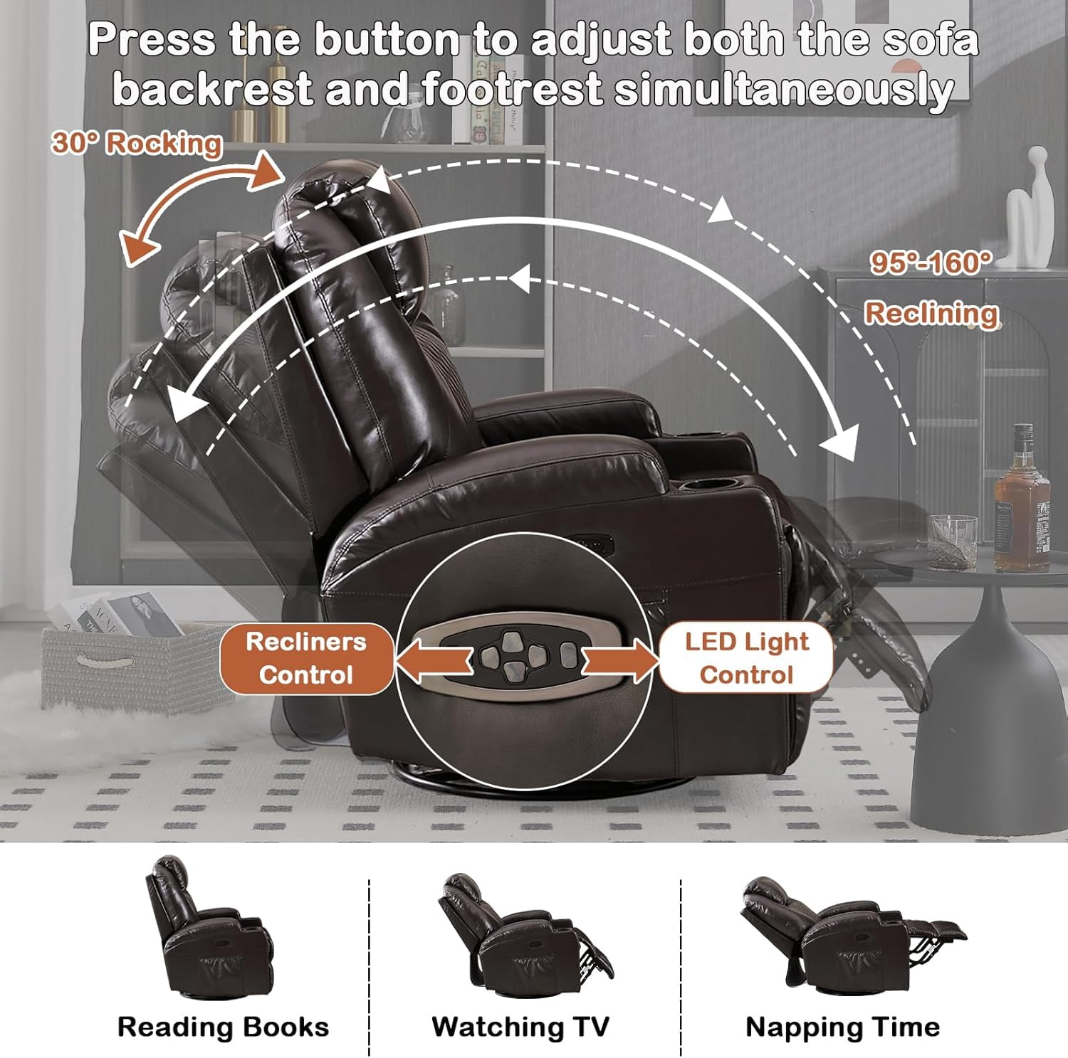 QJTC Power Rocker Recliner Chair with Heat and Massage, 240° Swivel Recliner Chair with Cup Holder/LED Lights/USB Ports, Brown