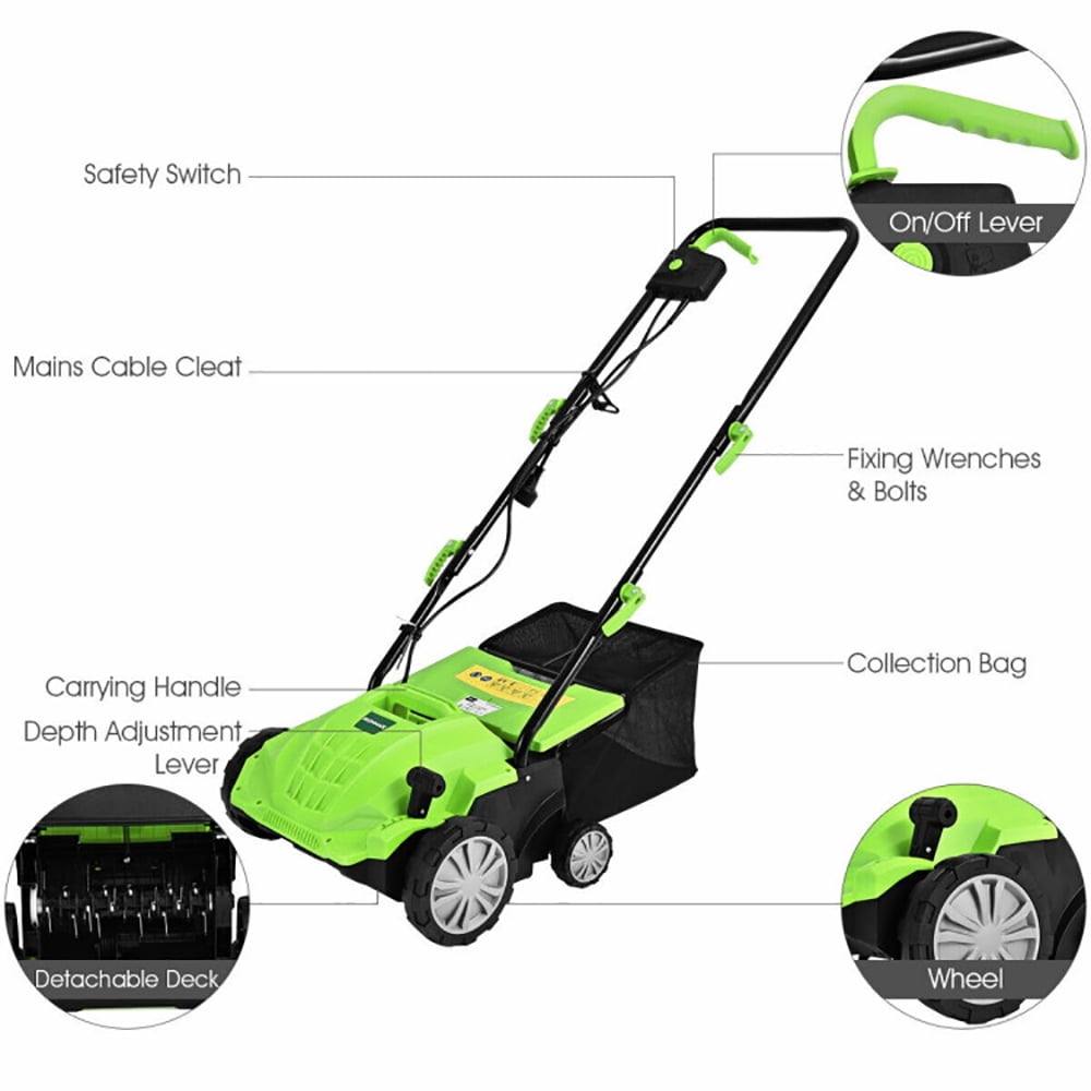 Spaco 13 Inch 12 Amp Electric Scarifier with Collection Bag and Removable Blades, Outdoor Tools for Garden, Backyard, Garden Care Tools for Lawn-Green