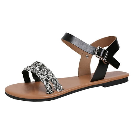 

ZHAGHMIN Fashion Women Sandals Summer Rhinestone Flat Bottom Comfortable Non-Slip Buckle Sandals Female Casual Outdoor Женские Сандалии Black Size6.5