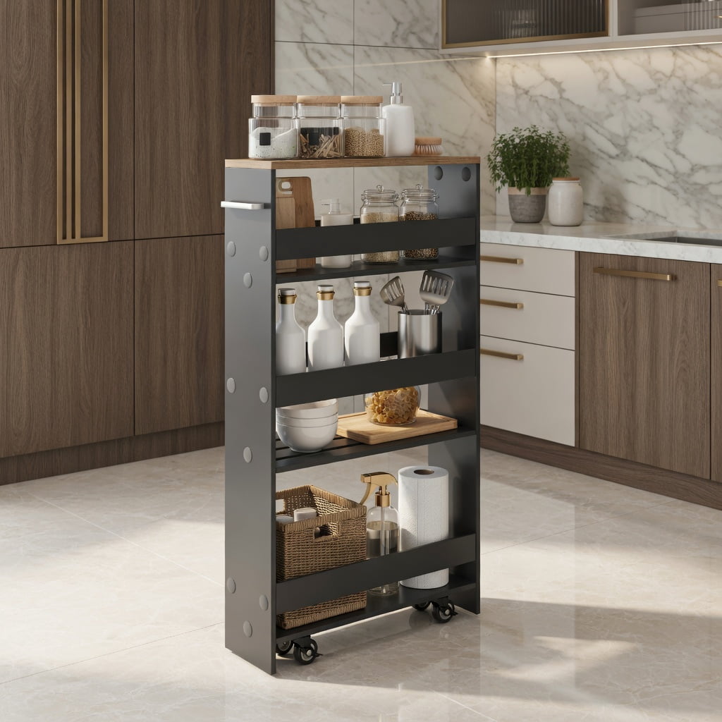 Demi Bonn Rolling Cart, Kitchen Island Cart, Rolling Kitchen Slim Storage Cart Mobile Shelving Organizer with Handle, for Kitchen, Dining Room, Gray